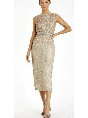 Mac Duggal Nude Pink Sequins Beaded Midi Sheath Sz 8 Formal Dress New